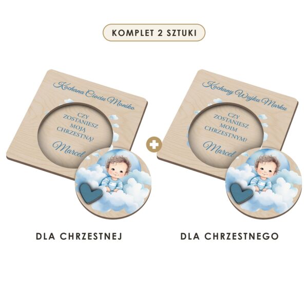 Komplet 2 sztuki: dla chrzestnej i dla chrzestnego — Prośba do chrzestnych na chrzest — Chłopczyk na chmurce