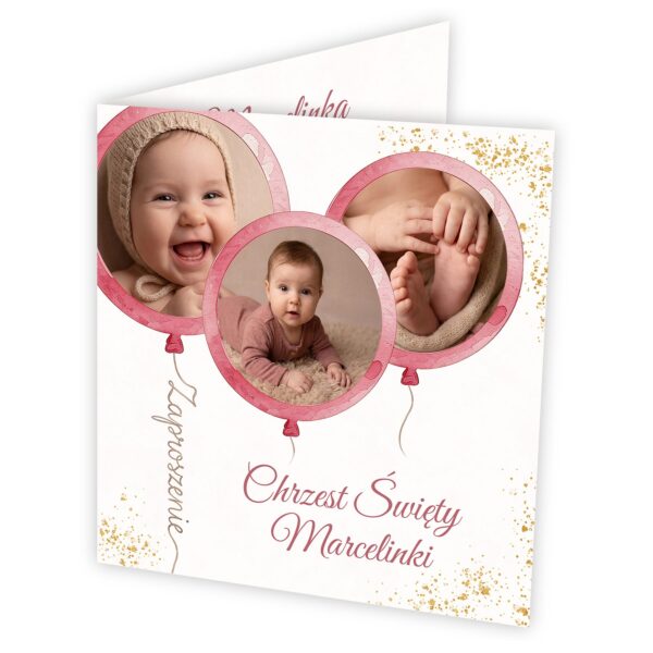 Zaproszenie na chrzest do uzupełnienia — Balony z trzema zdjęciami
