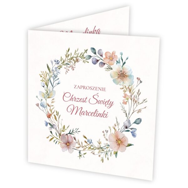 Zaproszenie na chrzest z miejscem na gości — Pastelowy wianek kwiatowy