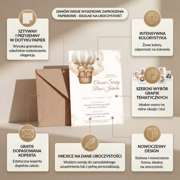 Zaproszenie na chrzest 10x15 z danymi uroczystości — Misie w balonie