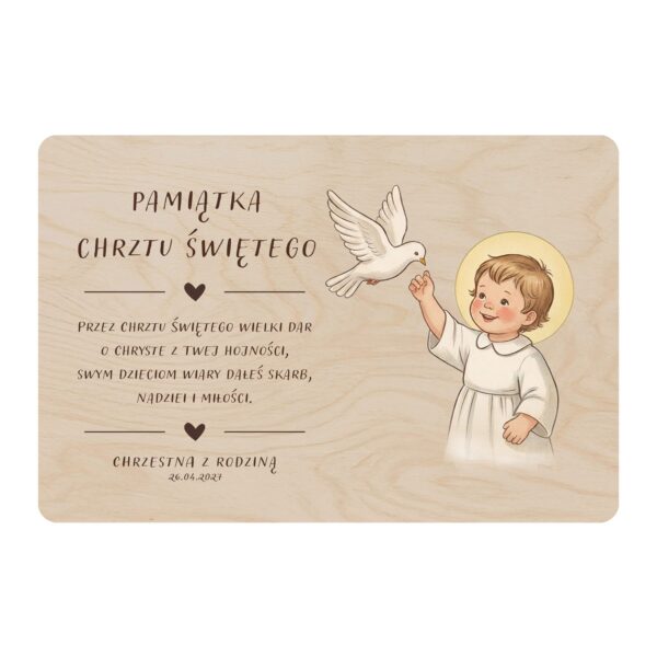 Drewniana tabliczka pamiątkowa na chrzest — Dziecko z gołąbkiem