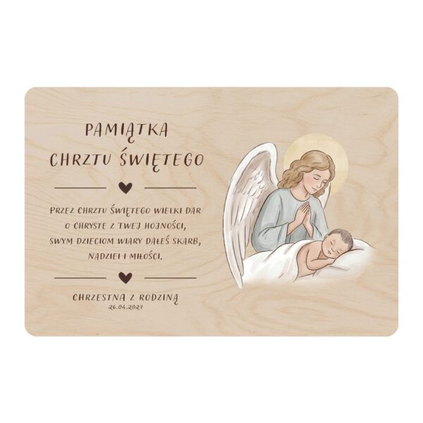 Drewniana tabliczka pamiątkowa na chrzest — Anioł czuwający nad