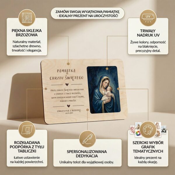 Drewniana tabliczka pamiątkowa na chrzest — Madonna nokturn