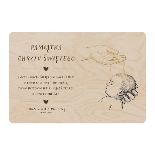 Drewniana tabliczka pamiątkowa na chrzest — Chwila chrztu