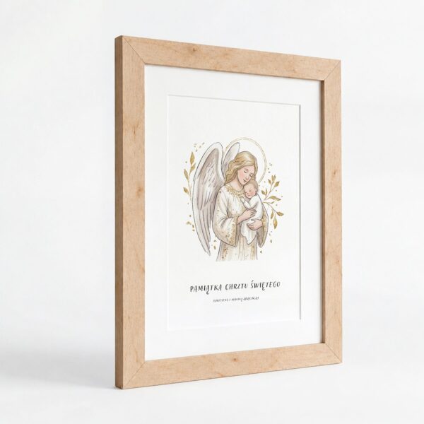 Obraz pamiątkowy na chrzest — Anioł ze złotymi gałązkami