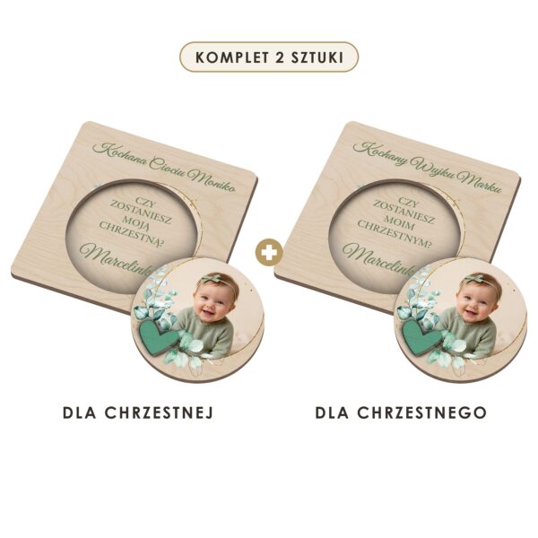 Komplet 2 sztuki: dla chrzestnej i dla chrzestnego — Prośba do chrzestnych na chrzest i roczek — Uśmiech w eukaliptusowej ramce