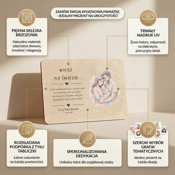 Drewniana tabliczka pamiątkowa na narodziny dziecka -