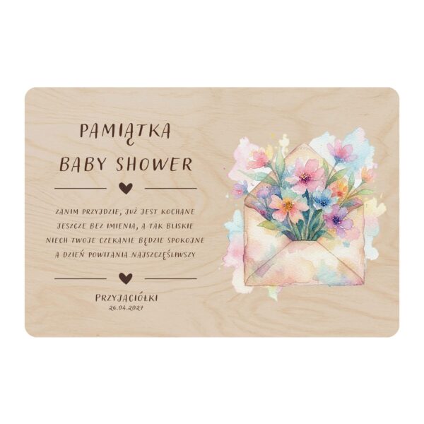 Drewniana tabliczka pamiątkowa na baby shower -
