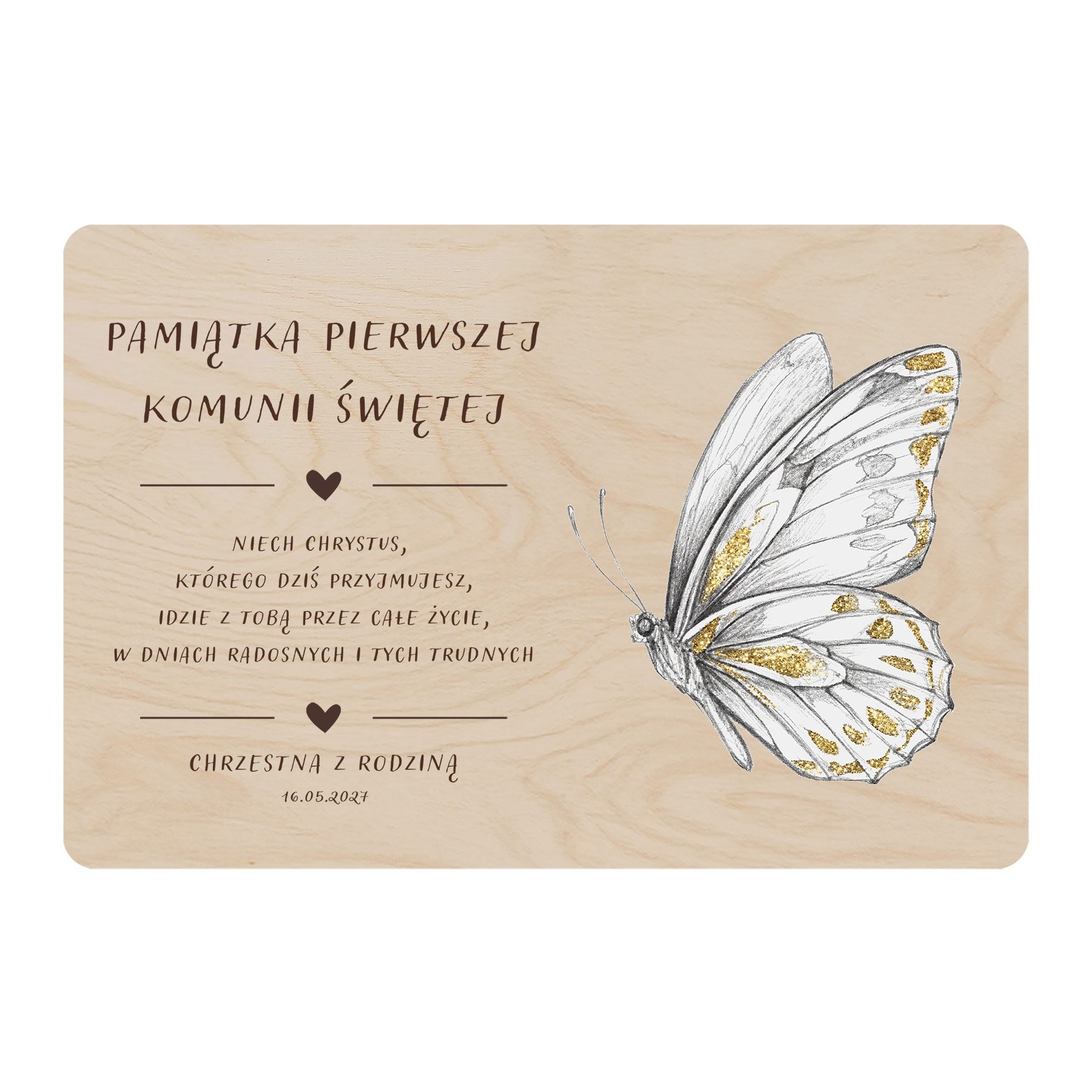 Drewniana tabliczka pamiątkowa na komunię — Motyl ołówkiem ze złotem (A236G)