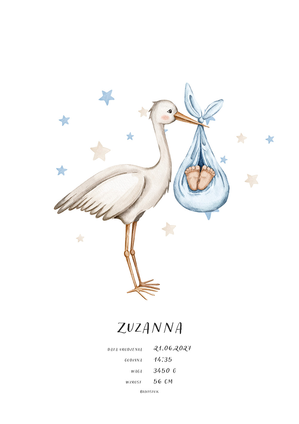 Metryczka narodzin na obrazie A4 — akwarelowy bocian z błękitną zawiniątką, pod grafiką imię, data urodzenia, godzina, waga 3450 g i wzrost 56 cm