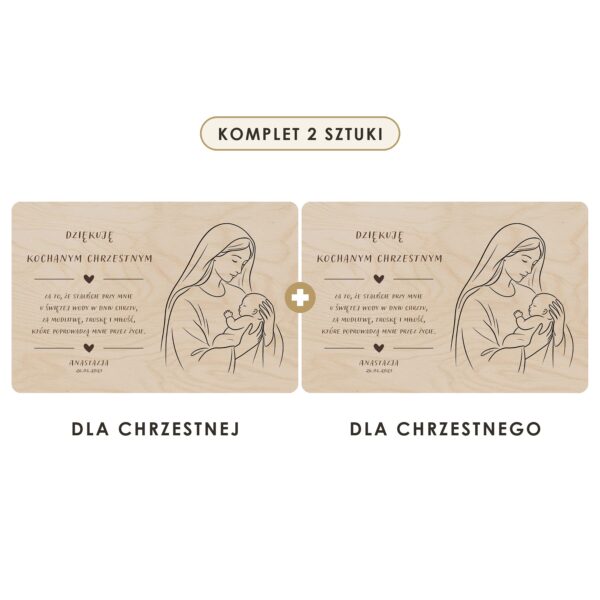 Komplet 2 sztuki: dla chrzestnej i dla chrzestnego — Drewniana tabliczka — podziękowanie dla chrzestnych na chrzest — Madonna z Dzieciątkiem - kontur