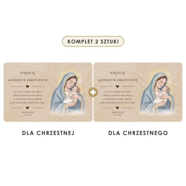 Komplet 2 sztuki: dla chrzestnej i dla chrzestnego — Drewniana tabliczka — podziękowanie dla chrzestnych na chrzest — Madonna z Dzieciątkiem, akwarela