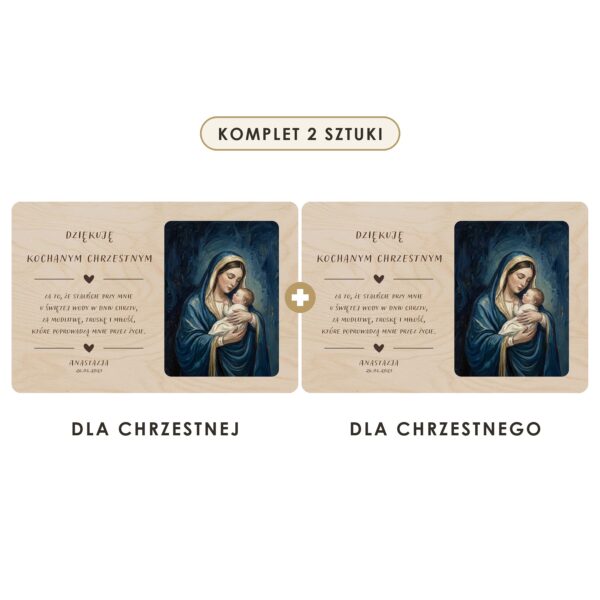 Komplet 2 sztuki: dla chrzestnej i dla chrzestnego — Drewniana tabliczka — podziękowanie dla chrzestnych na chrzest — Madonna nokturn