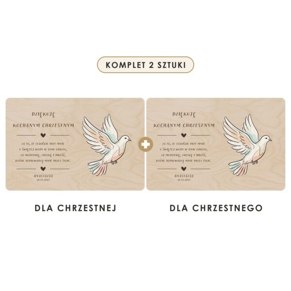 Komplet 2 sztuki: dla chrzestnej i dla chrzestnego — Drewniana tabliczka — podziękowanie dla chrzestnych na chrzest — Gołąbek pastelowy