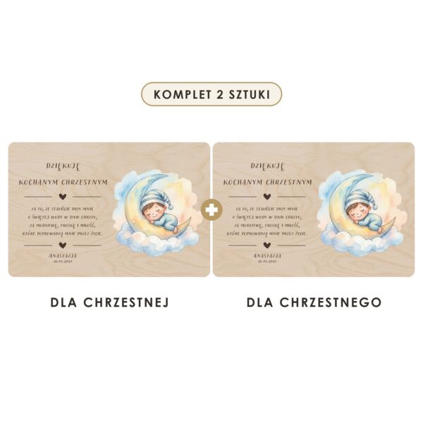 Komplet 2 sztuki: dla chrzestnej i dla chrzestnego — Drewniana tabliczka — podziękowanie dla chrzestnych na chrzest — Śmieszek na księżycu