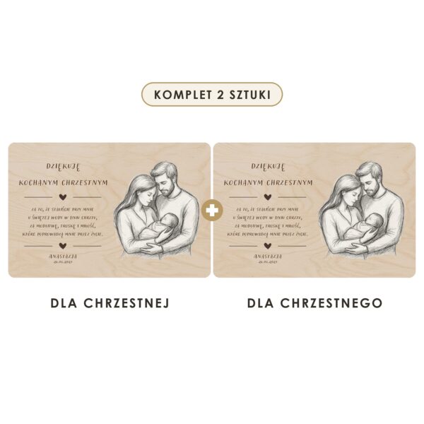 Komplet 2 sztuki: dla chrzestnej i dla chrzestnego — Drewniana tabliczka — podziękowanie dla chrzestnych na chrzest — Rodzina we troje (szkic)