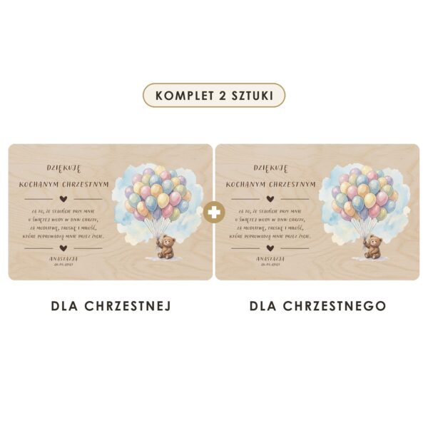 Komplet 2 sztuki: dla chrzestnej i dla chrzestnego — Drewniana tabliczka — podziękowanie dla chrzestnych na chrzest — Miś z bukietem balonów