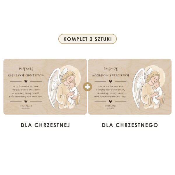 Komplet 2 sztuki: dla chrzestnej i dla chrzestnego — Drewniana tabliczka — podziękowanie dla chrzestnych na chrzest — Anioł z dzieckiem na ręku