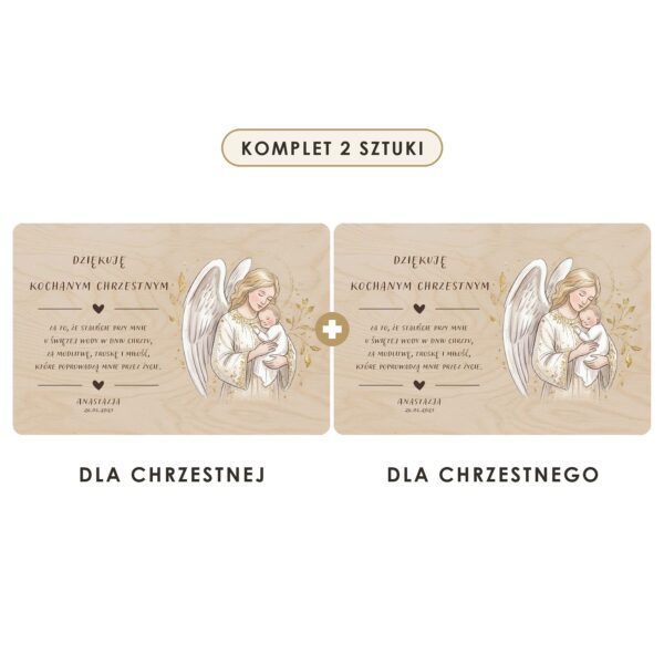 Komplet 2 sztuki: dla chrzestnej i dla chrzestnego — Drewniana tabliczka — podziękowanie dla chrzestnych na chrzest — Anioł ze złotymi gałązkami