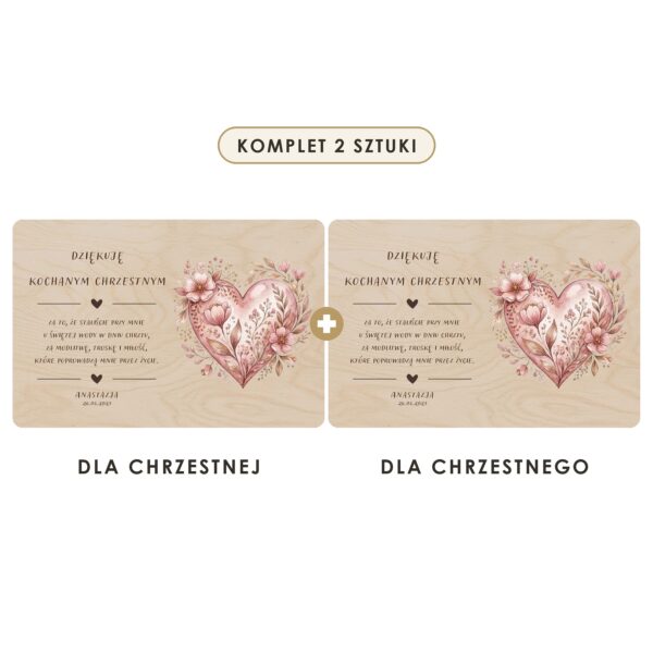 Komplet 2 sztuki: dla chrzestnej i dla chrzestnego — Drewniana tabliczka — podziękowanie dla chrzestnych na chrzest — Kwiatowe serce vintage