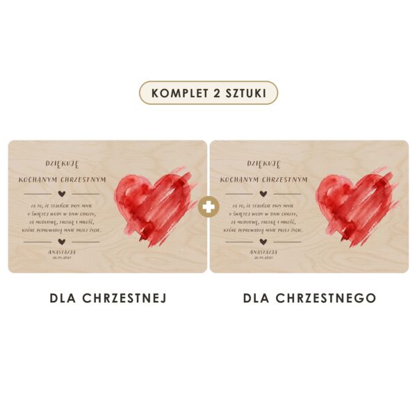 Komplet 2 sztuki: dla chrzestnej i dla chrzestnego — Drewniana tabliczka — podziękowanie dla chrzestnych na chrzest — Malowane czerwone serce