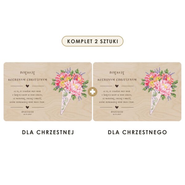 Komplet 2 sztuki: dla chrzestnej i dla chrzestnego — Drewniana tabliczka — podziękowanie dla chrzestnych na chrzest — Bukiet piwonii
