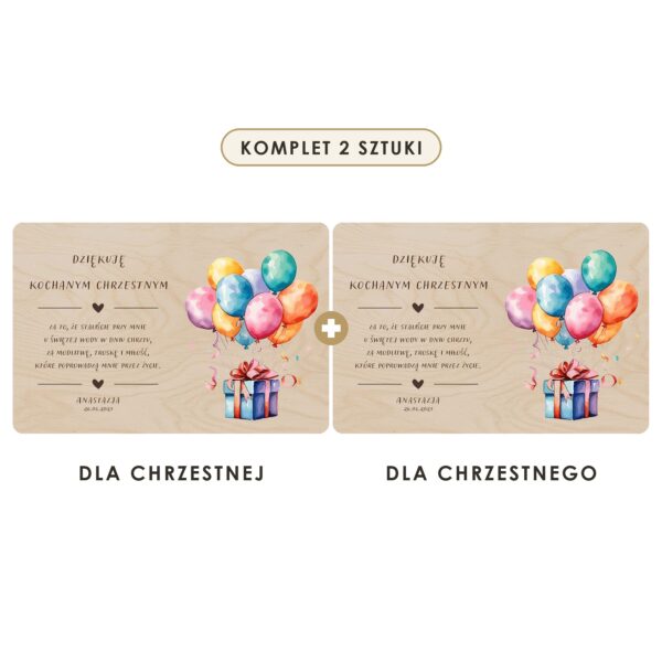 Komplet 2 sztuki: dla chrzestnej i dla chrzestnego — Drewniana tabliczka — podziękowanie dla chrzestnych na chrzest — Kolorowe balony i prezent