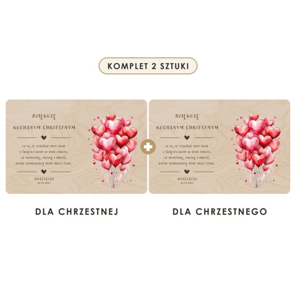 Komplet 2 sztuki: dla chrzestnej i dla chrzestnego — Drewniana tabliczka — podziękowanie dla chrzestnych na chrzest — Balony-serca
