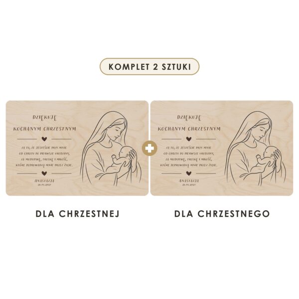 Komplet 2 sztuki: dla chrzestnej i dla chrzestnego — Drewniana tabliczka — podziękowanie dla chrzestnych na chrzest i roczek — Madonna z Dzieciątkiem - kontur