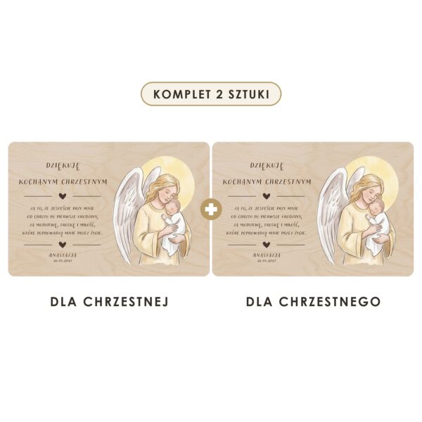 Komplet 2 sztuki: dla chrzestnej i dla chrzestnego — Drewniana tabliczka — podziękowanie dla chrzestnych na chrzest i roczek — Anioł Stróż z dzieckiem