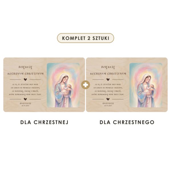 Komplet 2 sztuki: dla chrzestnej i dla chrzestnego — Drewniana tabliczka — podziękowanie dla chrzestnych na chrzest i roczek — Madonna w pastelowej poświacie