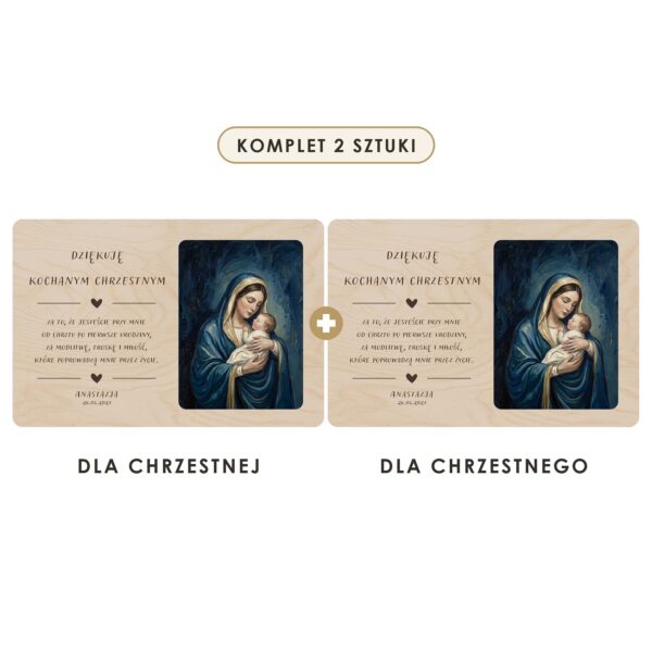 Komplet 2 sztuki: dla chrzestnej i dla chrzestnego — Drewniana tabliczka — podziękowanie dla chrzestnych na chrzest i roczek — Madonna nokturn