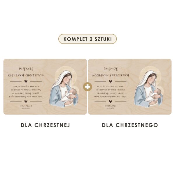 Komplet 2 sztuki: dla chrzestnej i dla chrzestnego — Drewniana tabliczka — podziękowanie dla chrzestnych na chrzest i roczek — Madonna z Dzieciątkiem w błękicie