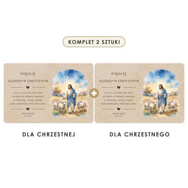 Komplet 2 sztuki: dla chrzestnej i dla chrzestnego — Drewniana tabliczka — podziękowanie dla chrzestnych na chrzest i roczek — Jezus Dobry Pasterz
