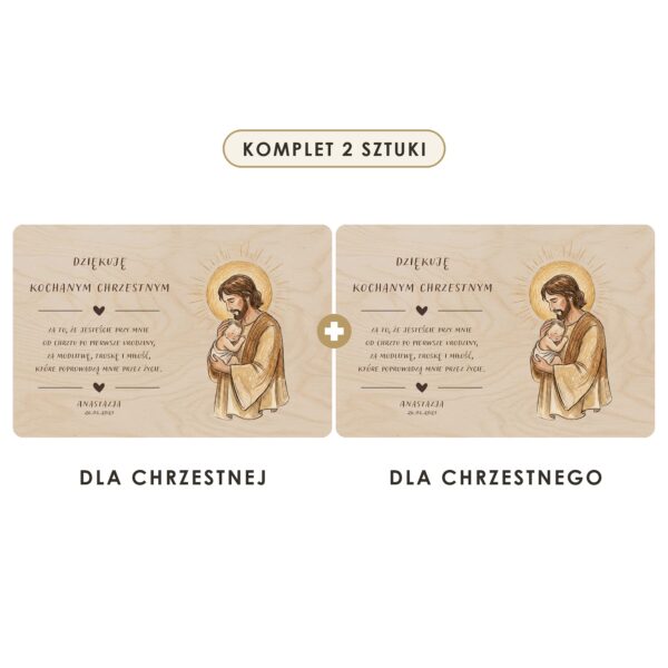 Komplet 2 sztuki: dla chrzestnej i dla chrzestnego — Drewniana tabliczka — podziękowanie dla chrzestnych na chrzest i roczek — Święty Józef z Dzieciątkiem