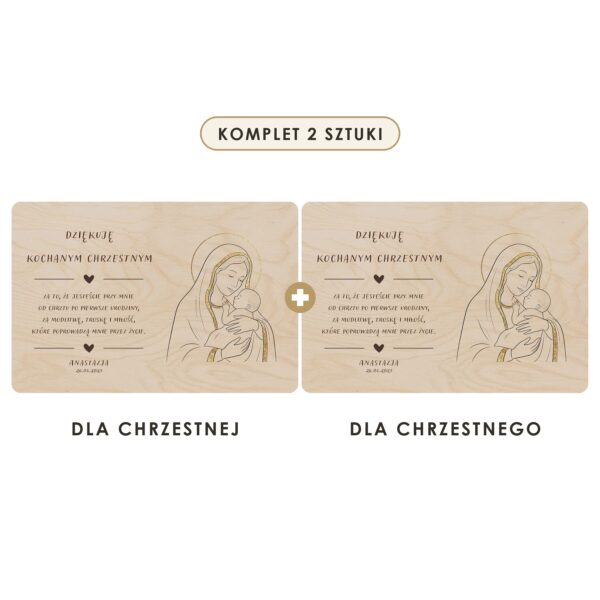 Komplet 2 sztuki: dla chrzestnej i dla chrzestnego — Drewniana tabliczka — podziękowanie dla chrzestnych na chrzest i roczek — Madonna ze złotym konturem