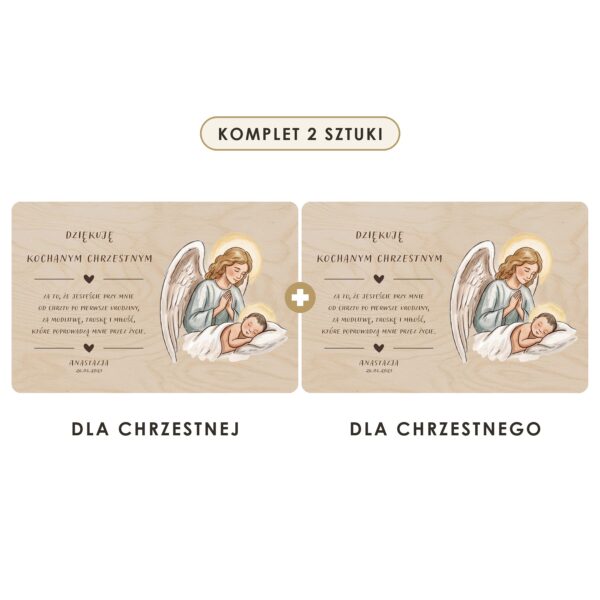 Komplet 2 sztuki: dla chrzestnej i dla chrzestnego — Drewniana tabliczka — podziękowanie dla chrzestnych na chrzest i roczek — Anioł Stróż nad kołyską