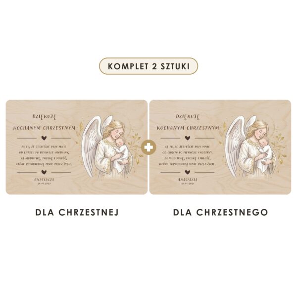 Komplet 2 sztuki: dla chrzestnej i dla chrzestnego — Drewniana tabliczka — podziękowanie dla chrzestnych na chrzest i roczek — Anioł ze złotymi gałązkami