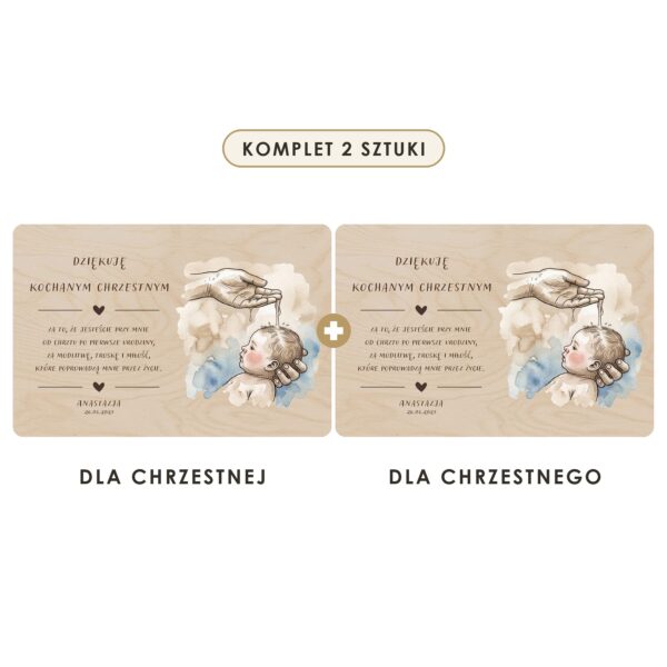 Komplet 2 sztuki: dla chrzestnej i dla chrzestnego — Drewniana tabliczka — podziękowanie dla chrzestnych na chrzest i roczek — Chrzest akwarelowy z rumiencami