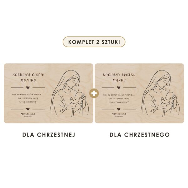 Komplet 2 sztuki: tabliczka dla chrzestnej i dla chrzestnego — Drewniane tabliczki — prośba do chrzestnych na chrzest i roczek — Madonna z Dzieciątkiem - kontur