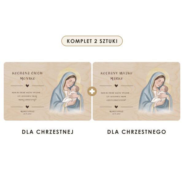 Komplet 2 sztuki: tabliczka dla chrzestnej i dla chrzestnego — Drewniane tabliczki — prośba do chrzestnych na chrzest i roczek — Madonna z Dzieciątkiem, akwarela
