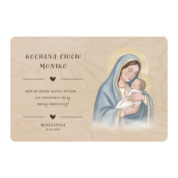 Drewniane tabliczki — prośba do chrzestnych na chrzest i roczek — Madonna z Dzieciątkiem, akwarela