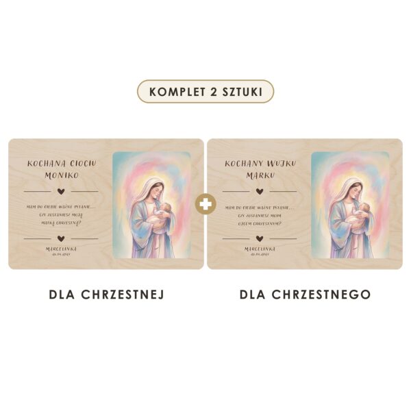 Komplet 2 sztuki: tabliczka dla chrzestnej i dla chrzestnego — Drewniane tabliczki — prośba do chrzestnych na chrzest — Madonna w pastelowej poświacie