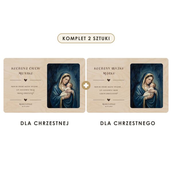 Komplet 2 sztuki: tabliczka dla chrzestnej i dla chrzestnego — Drewniane tabliczki — prośba do chrzestnych na chrzest — Madonna nokturn