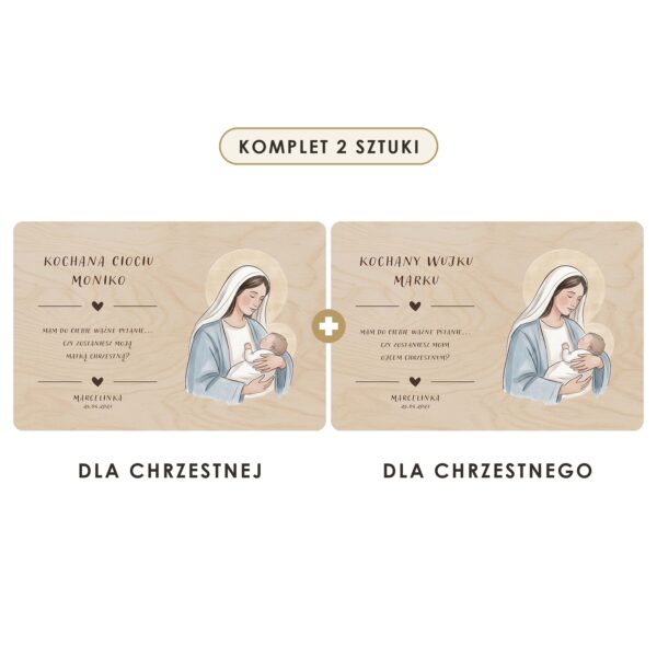 Komplet 2 sztuki: tabliczka dla chrzestnej i dla chrzestnego — Drewniane tabliczki — prośba do chrzestnych na chrzest — Madonna z Dzieciątkiem w błękicie