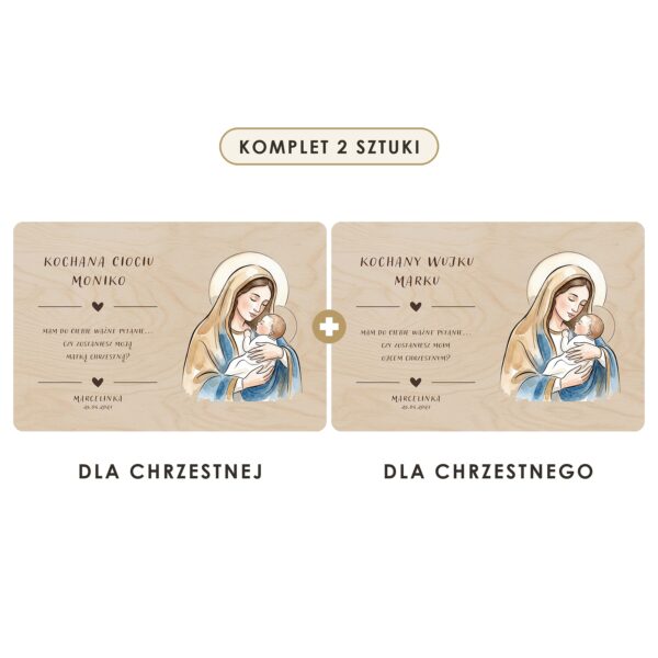 Komplet 2 sztuki: tabliczka dla chrzestnej i dla chrzestnego — Drewniane tabliczki — prośba do chrzestnych na chrzest — Madonna z Dzieciątkiem w błękitnej szacie
