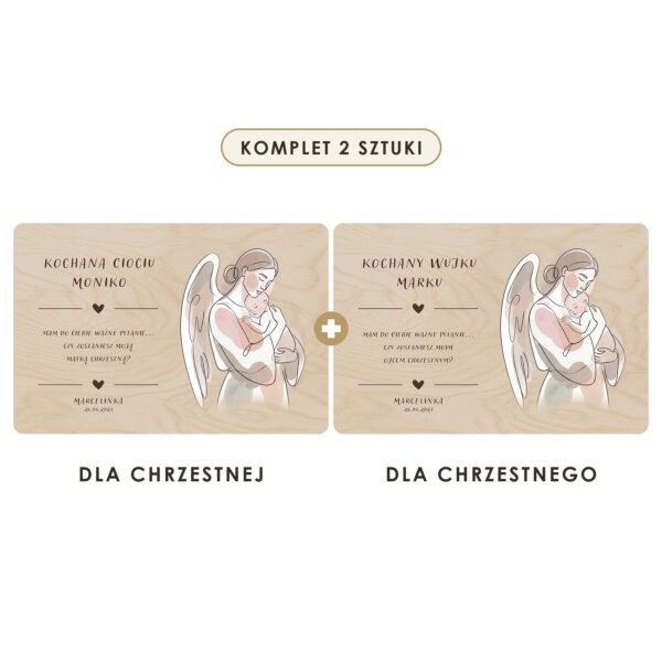Komplet 2 sztuki: tabliczka dla chrzestnej i dla chrzestnego — Drewniane tabliczki — prośba do chrzestnych na chrzest — Anioł stróż z dzieckiem (linearny)