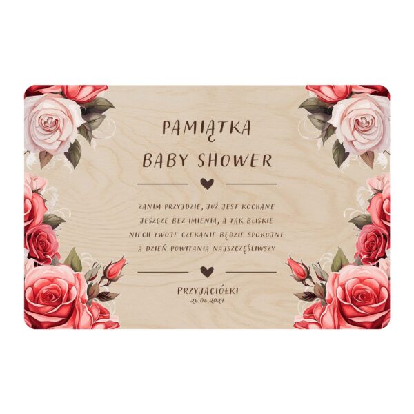 Drewniana tabliczka pamiątkowa na baby shower — Czerwone i pudrowe róże