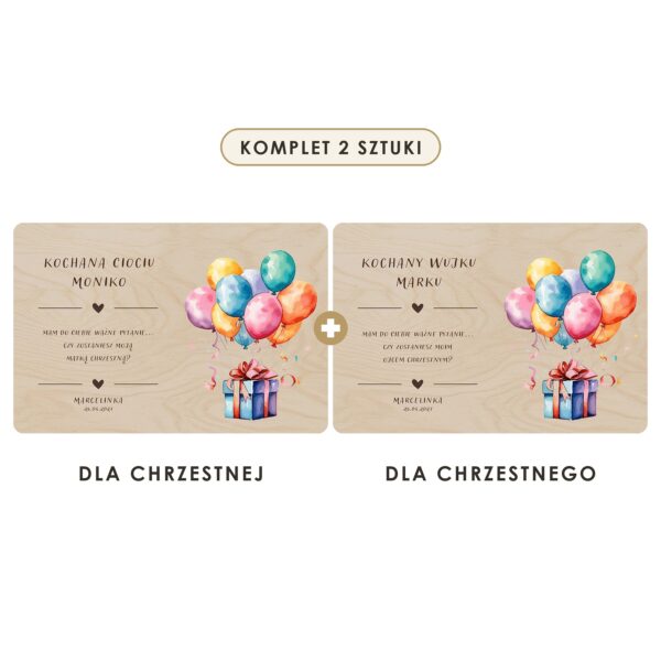 Komplet 2 sztuki: tabliczka dla chrzestnej i dla chrzestnego — Drewniane tabliczki — prośba do chrzestnych na chrzest — Kolorowe balony i prezent