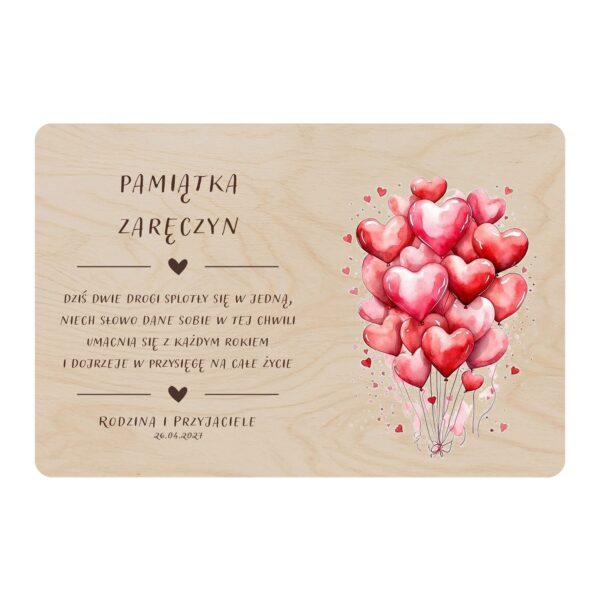 Drewniana tabliczka pamiątkowa na zaręczyny — Balony-serca